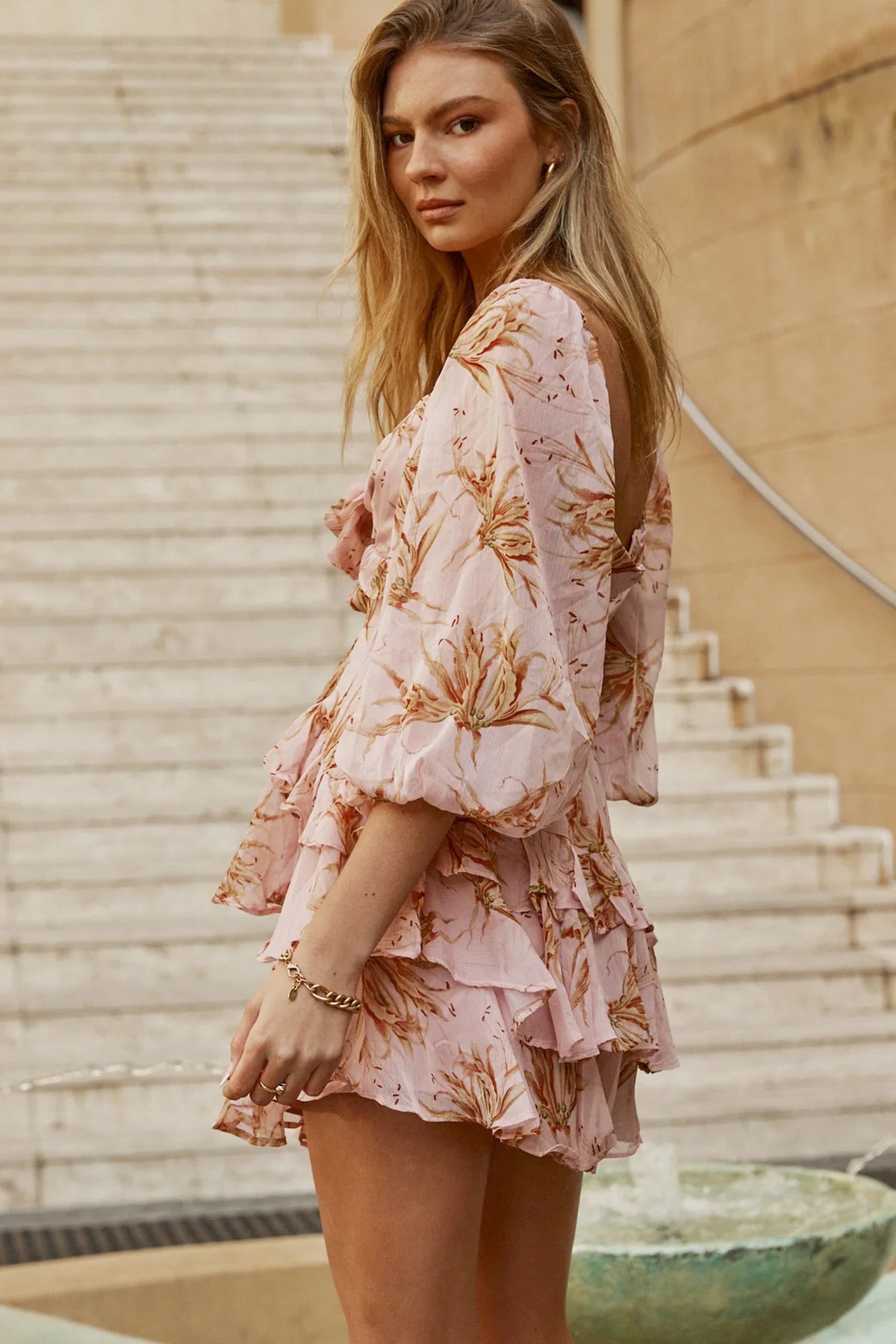 Flower Child Three Quarter Sleeve Bust Tie Ruffle Dress Lily Print Pink